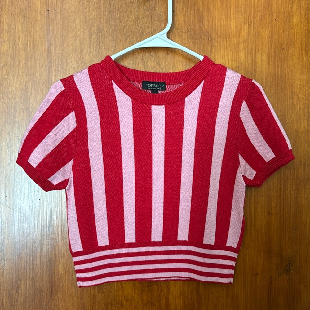 Topshop Pink/Red Striped, Cropped Light Sweater